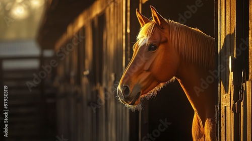 A horse stands in its stable, peering out into the warm golden light of the morning, highlighting its graceful features and serene environment 