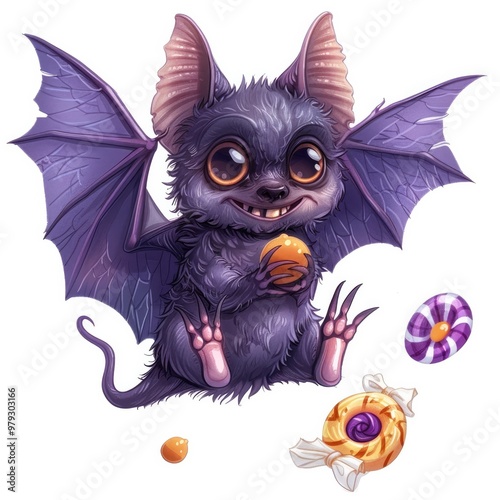 Playful and Mischievous Purple Monster Creature with Horns Fangs and Bat Like Wings Holding a Pumpkin Candy Sphere in a Quirky Whimsical and Fantastical Digital or Cartoon Design