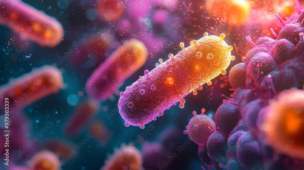 A cluster of microscopic bacteria and yeast cells, depicted in vibrant colors to represent their role in fermentation, A cluster of microscopic bacteria and yeast cells, depicted in vibrant colors to represent their role in fermentation,