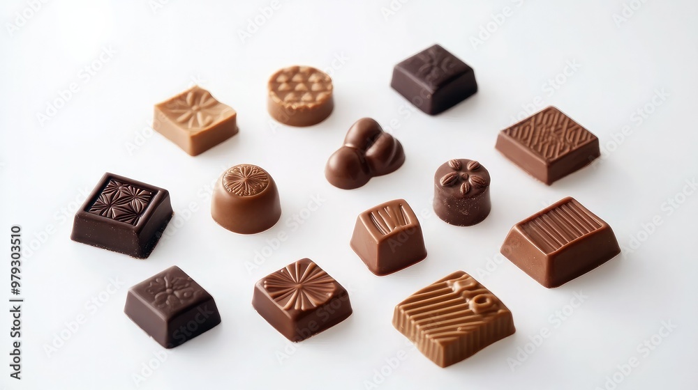 A selection of beautifully designed chocolate shapes in elegant packaging, isolated on a clean white background for a luxurious presentation A selection of beautifully designed chocolate shapes in elegant packaging, isolated on a clean white background for a luxurious presentation