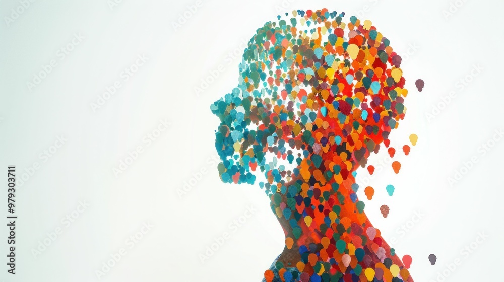 Colorful silhouette of a person made up of abstract shapes in various hues Bright, artistic depiction representing creativity and imagination Ideal for concepts of thought and emotions