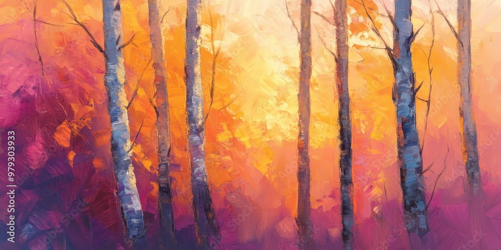 Obraz premium A vibrant landscape of trees against a warm, colorful backdrop, evoking tranquility and beauty.