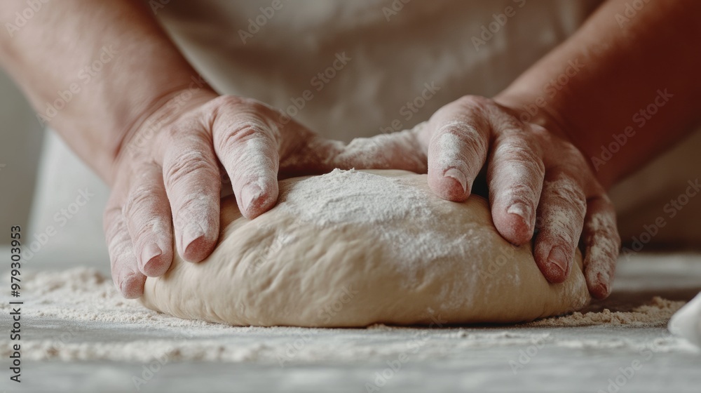 A person kneading dough on a table with flour, AI A person kneading dough on a table with flour, AI