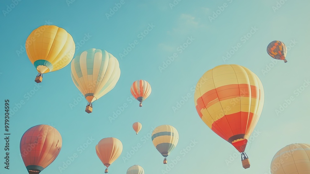 A group of balloons in various shapes and sizes soaring into a clear summer sky, creating a whimsical and playful scene