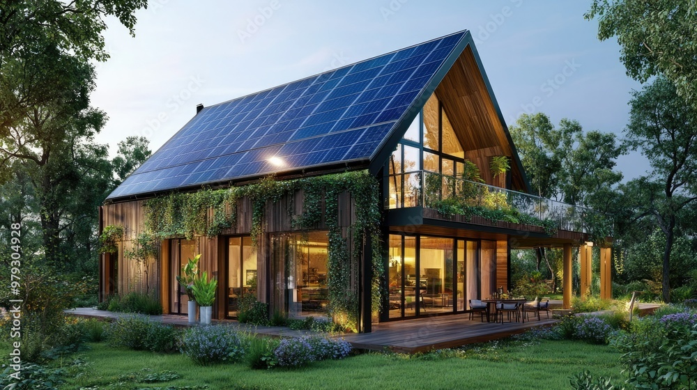 A sustainable smart home with innovative transparent solar panels, demonstrating future energy efficiency and eco-conscious living A sustainable smart home with innovative transparent solar panels, demonstrating future energy efficiency and eco-conscious living