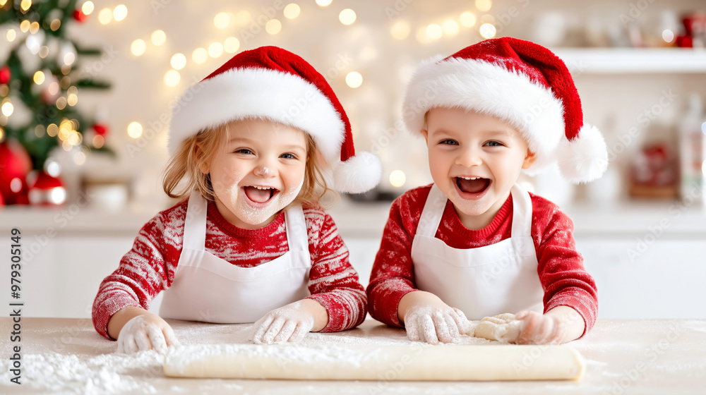 Happy Children in Santa Hats Baking Christmas Cookies in a Festive Kitchen Happy Children in Santa Hats Baking Christmas Cookies in a Festive Kitchen