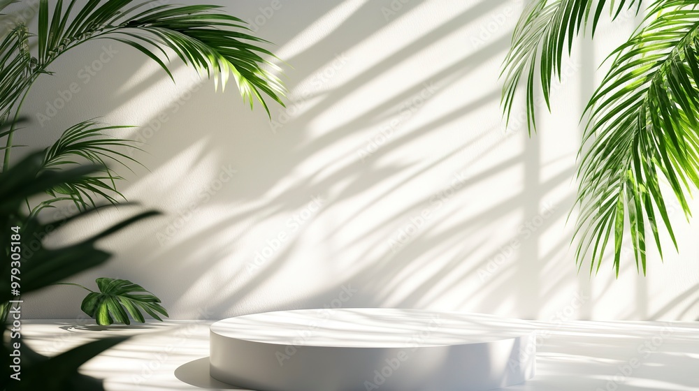 Blank minimal white counter podium, soft beautiful dappled sunlight, tropical palm foliage leaf shadow on wall for luxury hygiene organic cosmetic, skincare, beauty treatment product. Blank minimal white counter podium, soft beautiful dappled sunlight, tropical palm foliage leaf shadow on wall for luxury hygiene organic cosmetic, skincare, beauty treatment product.