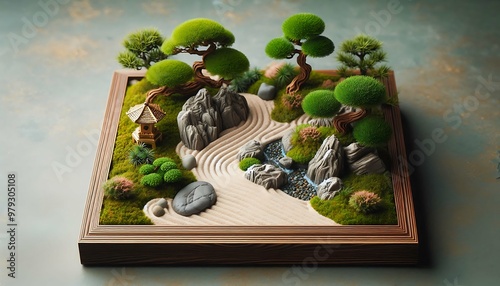 Tranquil Miniature Zen Garden with Waterfall and Rocks photo