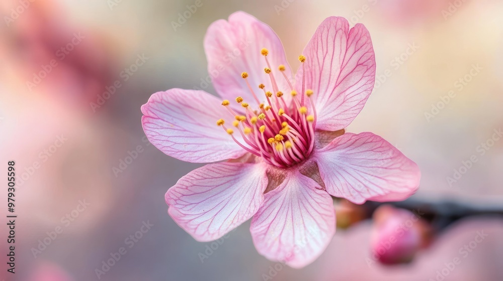 A macro shot of a single sakura flower, with intricate details of the petals and stamens standing out against a blurred background. A macro shot of a single sakura flower, with intricate details of the petals and stamens standing out against a blurred background.