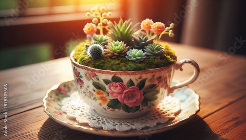 Succulent Garden in Vintage Floral Teacup photo