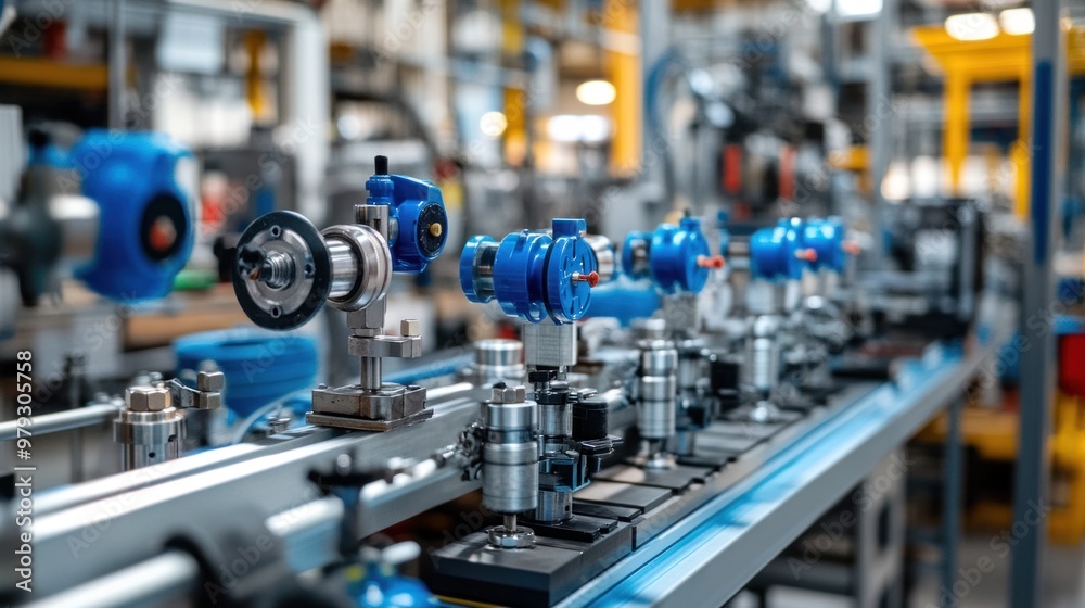 Fototapeta premium An assembly line for industrial valves, where workers are meticulously assembling and testing each unit