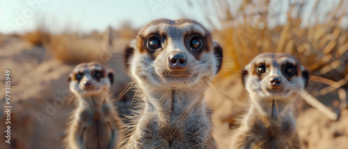 A group of meerkats standing upright and alert