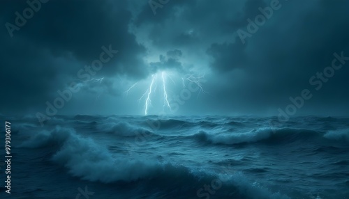 turbulent ocean waves during a storm, dark clouds swirling above with flashes of lightning illuminating the water background wallpaper