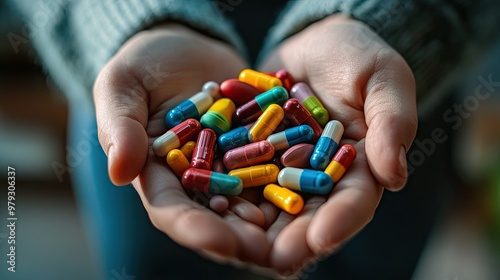 A person holding a handful of colorful vitamins and supplements, representing health maintenance and wellness