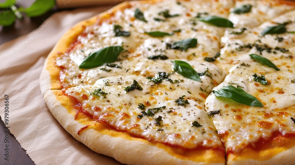 A pizza covered in melted mozzarella cheese, with fresh herbs sprinkled on top, ready to be served hot from the oven. A pizza covered in melted mozzarella cheese, with fresh herbs sprinkled on top, ready to be served hot from the oven.
