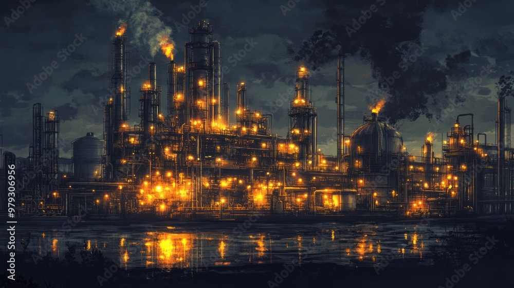 Fototapeta premium An oil refinery at night, lit by the glow of flares and safety lights