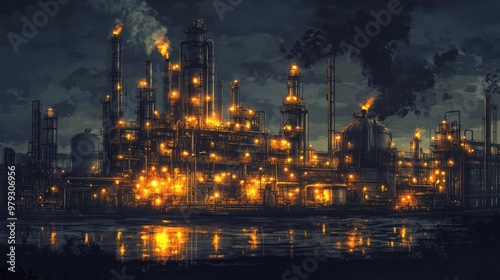 An oil refinery at night, lit by the glow of flares and safety lights