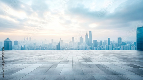 Empty tile floor with city skyscrapers in the background