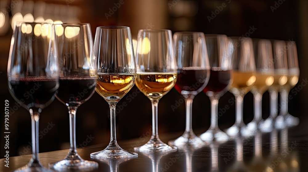 A row of wine glasses filled with different types of wine, ready for a tasting session, with elegant reflections in the crystal. A row of wine glasses filled with different types of wine, ready for a tasting session, with elegant reflections in the crystal.