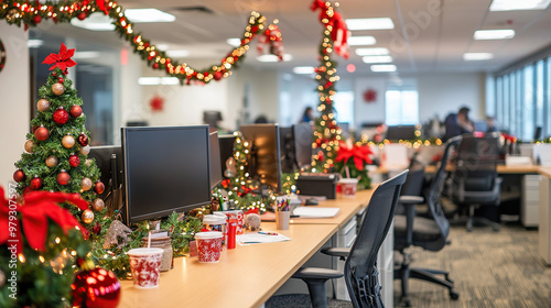 Christmas Office Workspace with Festive Decorations