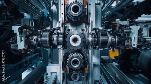 An overhead view of the EV drivetrain assembly line, where electric axles and gearboxes are being assembled