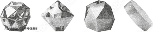 3D vector gradient geometric shapes with noise effect. Cube, cylinder, triangle, rhombus with grainy dot texture.