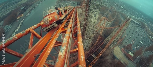 Dramatic bird s eye aerial perspective of a towering suspension bridge infrastructure against a cityscape backdrop photo