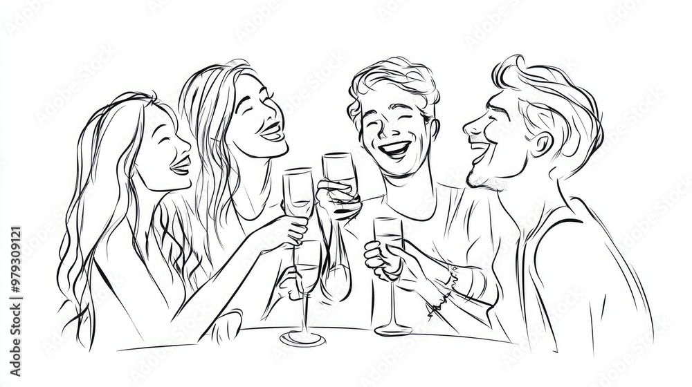 Simple lines capture a group of people laughing and toasting together, the minimalist pen drawing evoking joy and friendship. Simple lines capture a group of people laughing and toasting together, the minimalist pen drawing evoking joy and friendship.