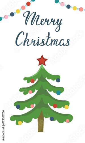 зима открыткиVector greeting card with Christmas tree and garlands. Vertical banner Merry Christmas. Congratulations on winter holidays.