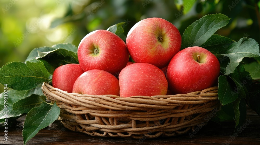 Fresh red apples sitting in a wicker basket, surrounded by green leaves, evoking a feeling of freshness and health Fresh red apples sitting in a wicker basket, surrounded by green leaves, evoking a feeling of freshness and health