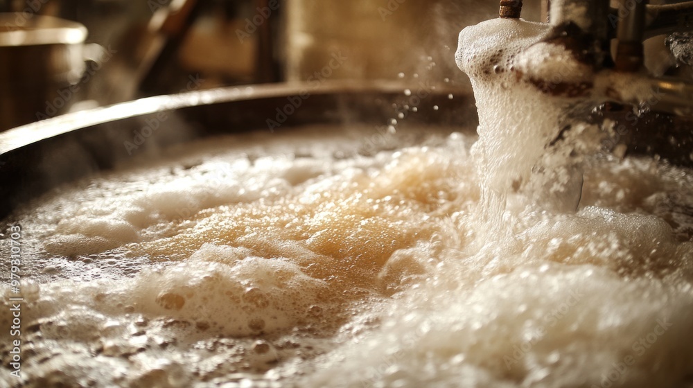 A close-up of the mashing process, where milled malt is mixed with hot water to extract sugars