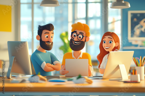 3D cartoon of happy creative marketing team working in a new project together in office