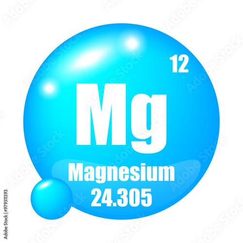 Magnesium element icon. Atomic number 12. Atomic mass 24.305. Blue circular symbol.