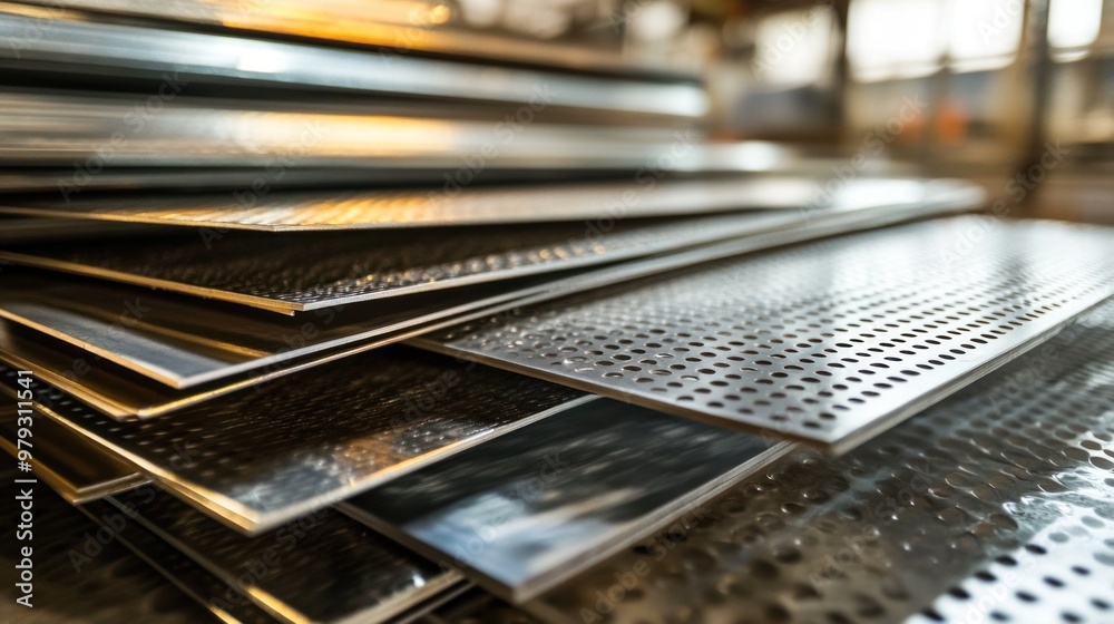 A close-up view of a stack of metal sheets in a warehouse A close-up view of a stack of metal sheets in a warehouse