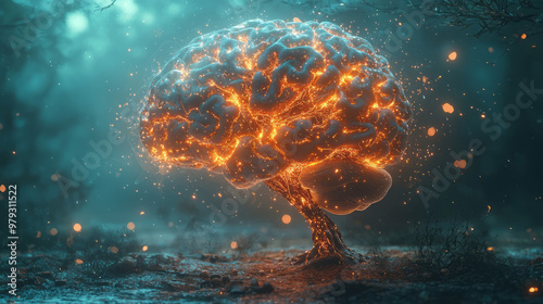 A stylized brain with vibrant dopamine pathways glowing and branching out like a tree,