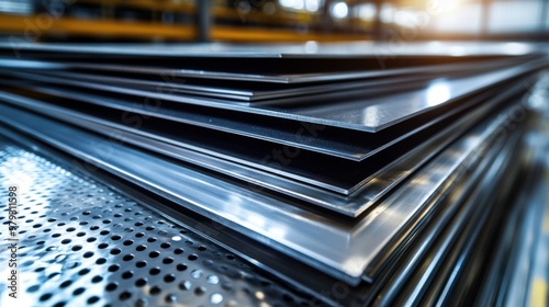 A close-up view of a stack of metal sheets in a warehouse