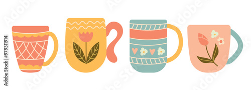 Set of cute hand drawn cups. Vector illustration of mugs for different drinks