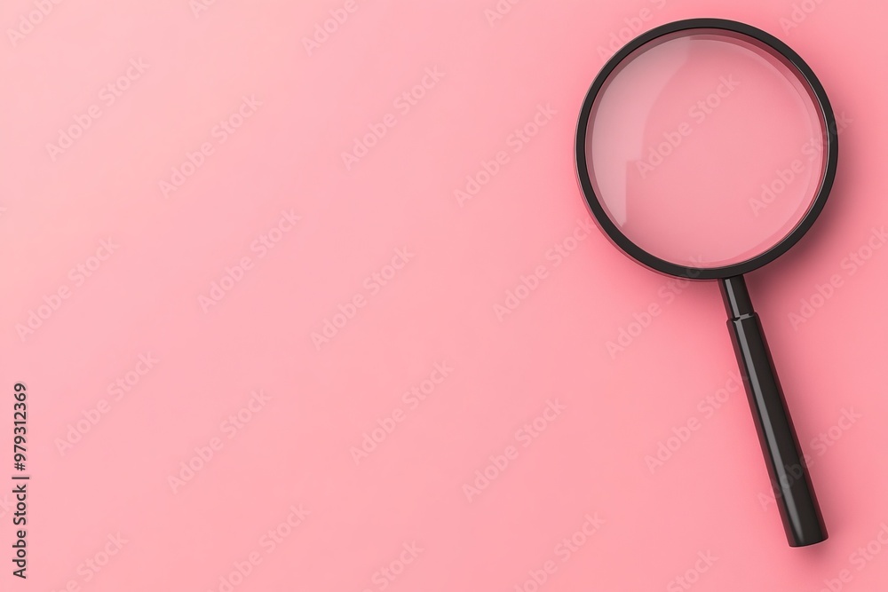 Magnifying glass on pink background. Copy space for your text