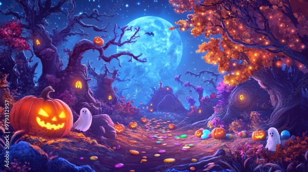 Magical cartoon forest with glowing pumpkins, friendly ghosts, and enchanted trees under full moon Magical cartoon forest with glowing pumpkins, friendly ghosts, and enchanted trees under full moon