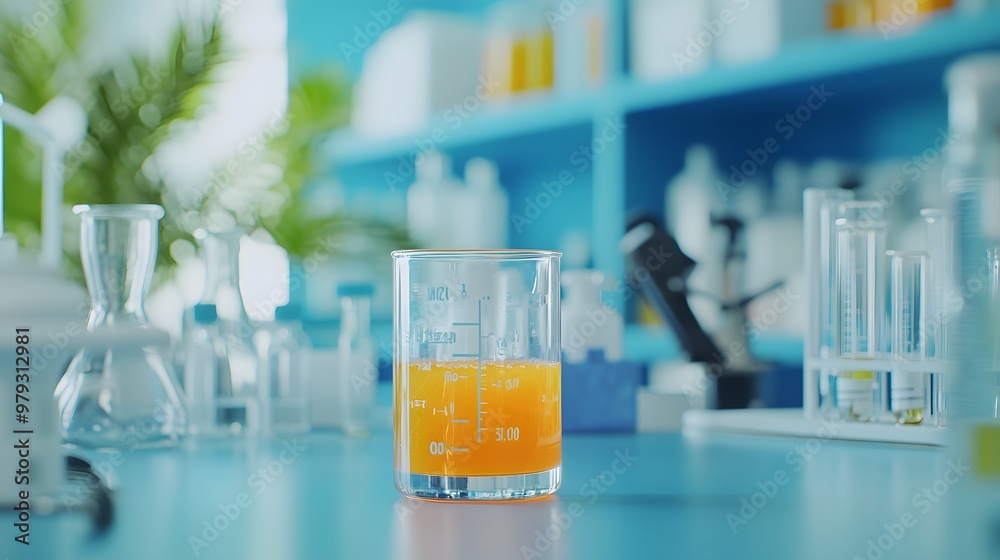 A Beaker Filled with Yellow Liquid on a Blue Table in a Laboratory Setting