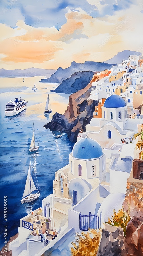 Obraz premium Watercolor painting of a sunset in Santorini, with cruise ships at sea
