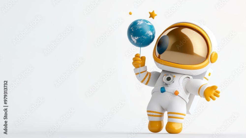 Obraz premium Cute Cartoon Astronaut Holding Earth Balloon in Space
