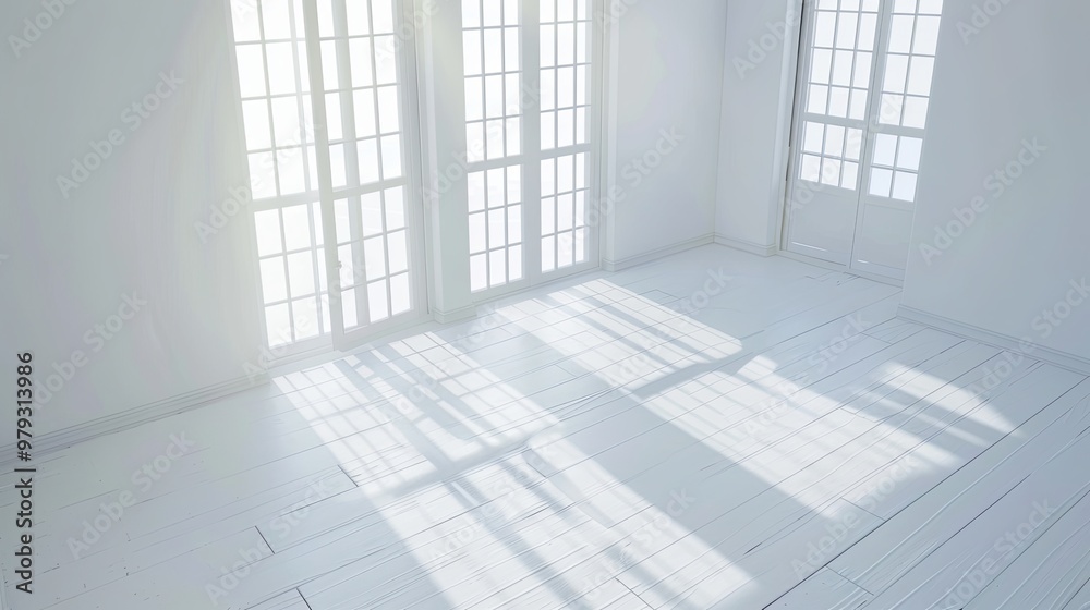 Obraz premium Stylish Minimalist Interior with Expansive Window, Natural Light, and Serene Atmosphere. Modern Aesthetics and Negative Space Design