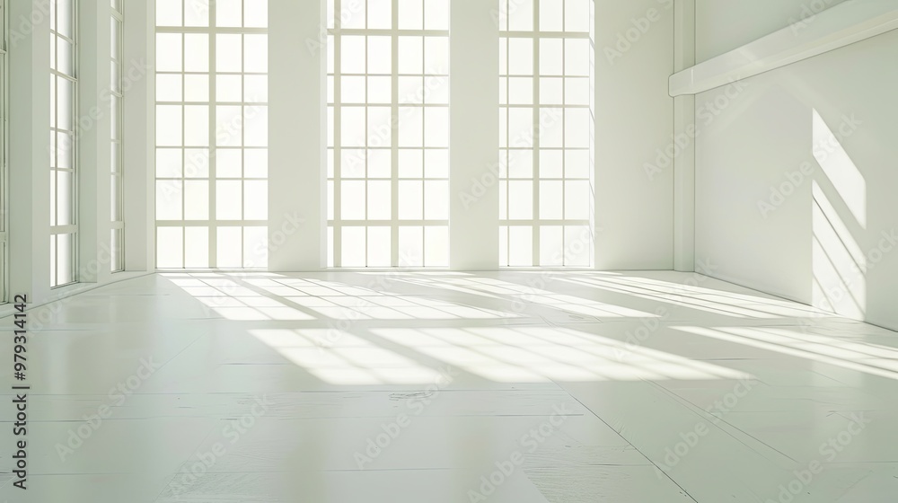 Fototapeta premium Stylish Minimalist Interior with Expansive Window, Natural Light, and Serene Atmosphere. Modern Aesthetics and Negative Space Design