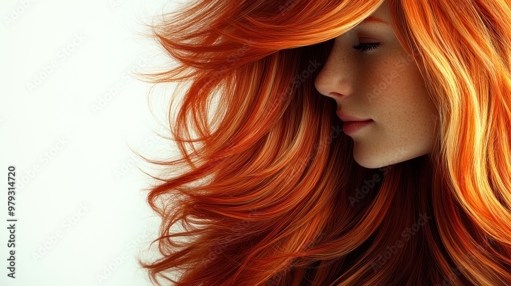 A woman showcases her stunning red-orange hair, illuminated beautifully in soft light A woman showcases her stunning red-orange hair, illuminated beautifully in soft light