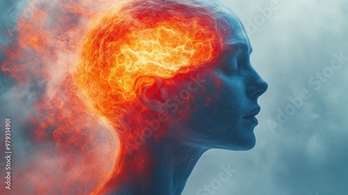 A woman's head exudes fiery sparks, symbolizing intense creativity and inspiration