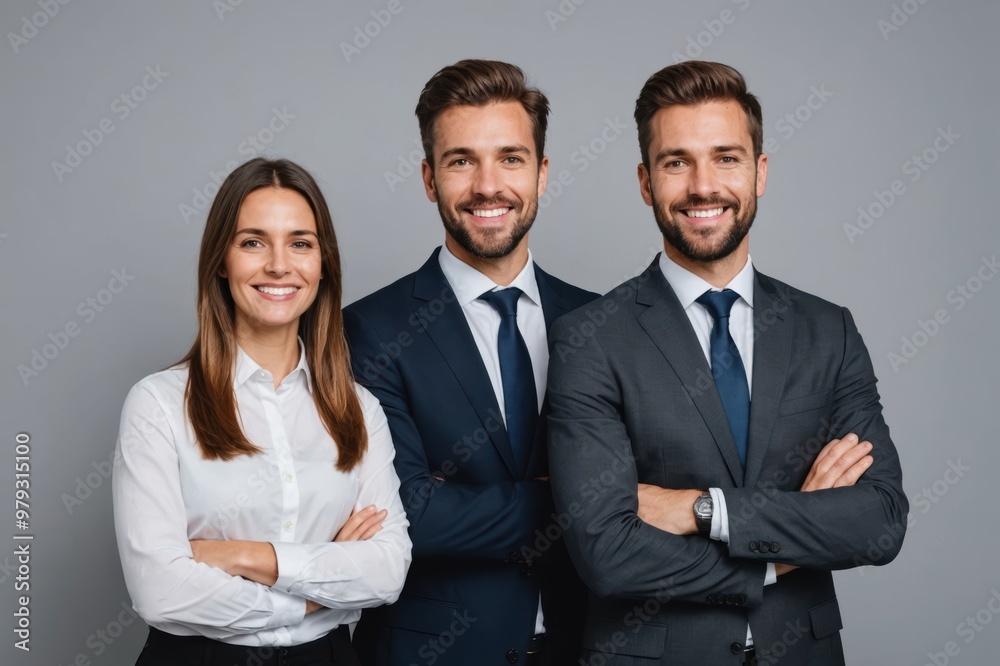 business partners posing in front of gray background, looking at camera and smiling business partners posing in front of gray background, looking at camera and smiling
