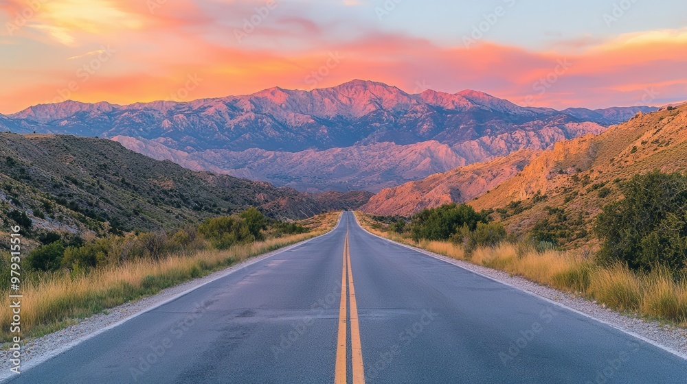 Lonely road stretching across rugged mountain terrain at sunset, capturing the essence of remote adventure, Mountain range sweeping road Lonely road stretching across rugged mountain terrain at sunset, capturing the essence of remote adventure, Mountain range sweeping road