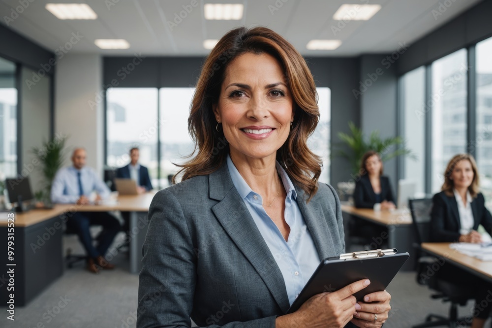happy 45 years old latin professional middle aged business woman corporate leader, happy mature female executive, lady manager standing in office holding clipboard looking at camera, portrait happy 45 years old latin professional middle aged business woman corporate leader, happy mature female executive, lady manager standing in office holding clipboard looking at camera, portrait