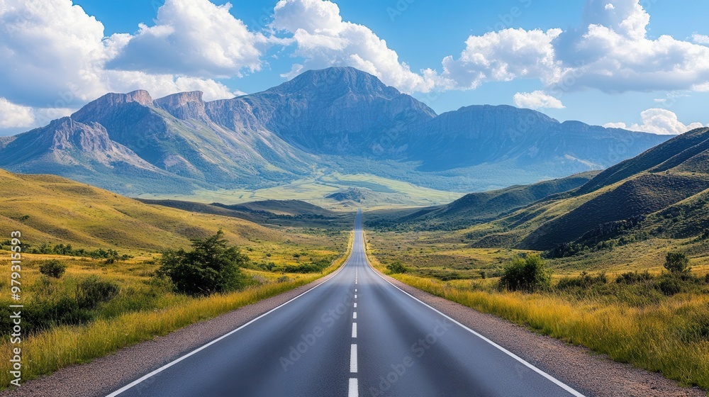 Naklejka premium Long, empty road stretching across a vast mountain plateau, capturing the feeling of solitude and exploration, Mountain range sweeping road